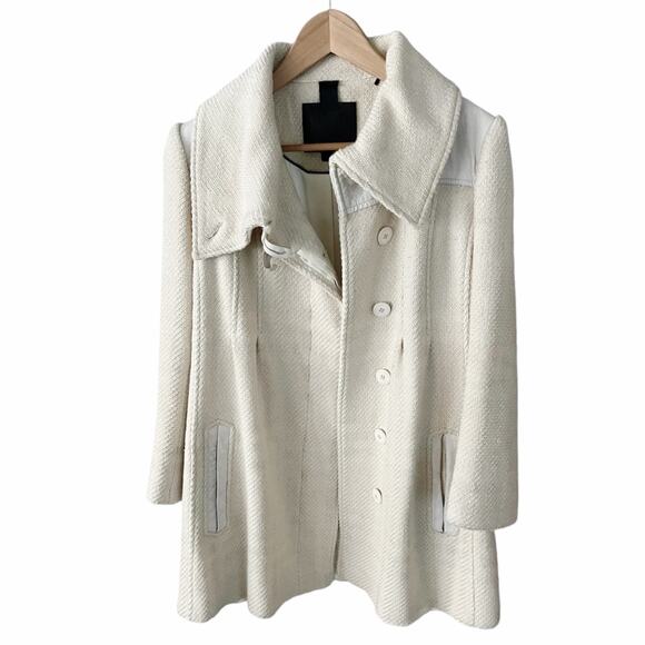 MACKAGE Peacoat Jacket Wool Leather Trim Pockets Off White Black Large GUC - Picture 2 of 11